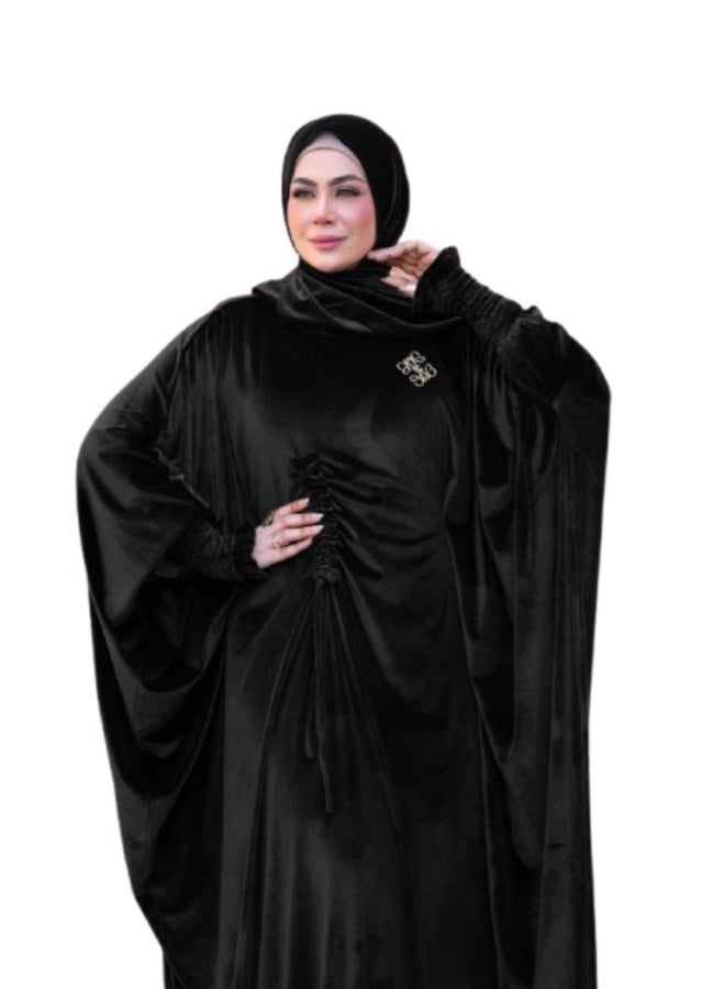 عباية اسدال خروج شتوي حريمي - قطيفة فرنساوي - لون أسود سادة - Image 3